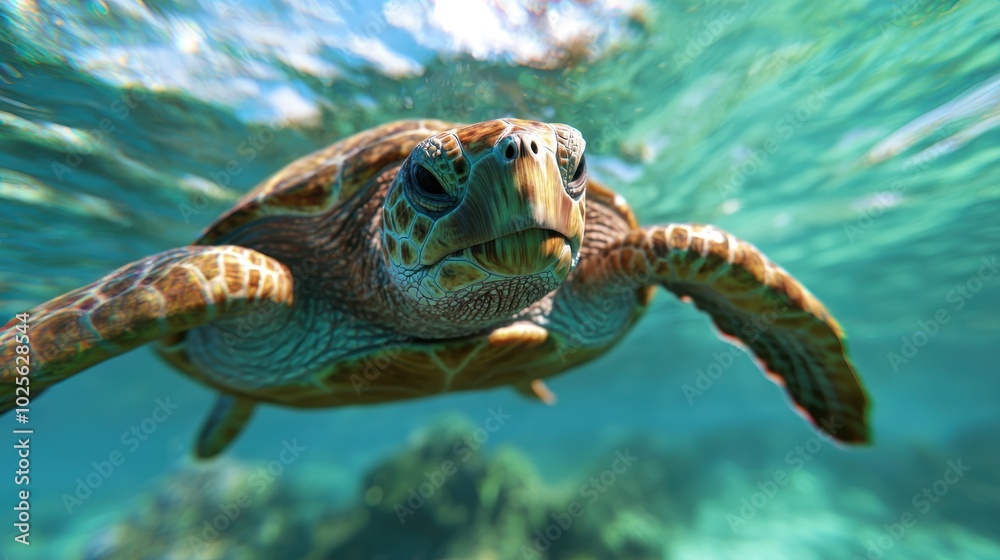 Obraz premium Curious sea turtle swimming in turquoise waters