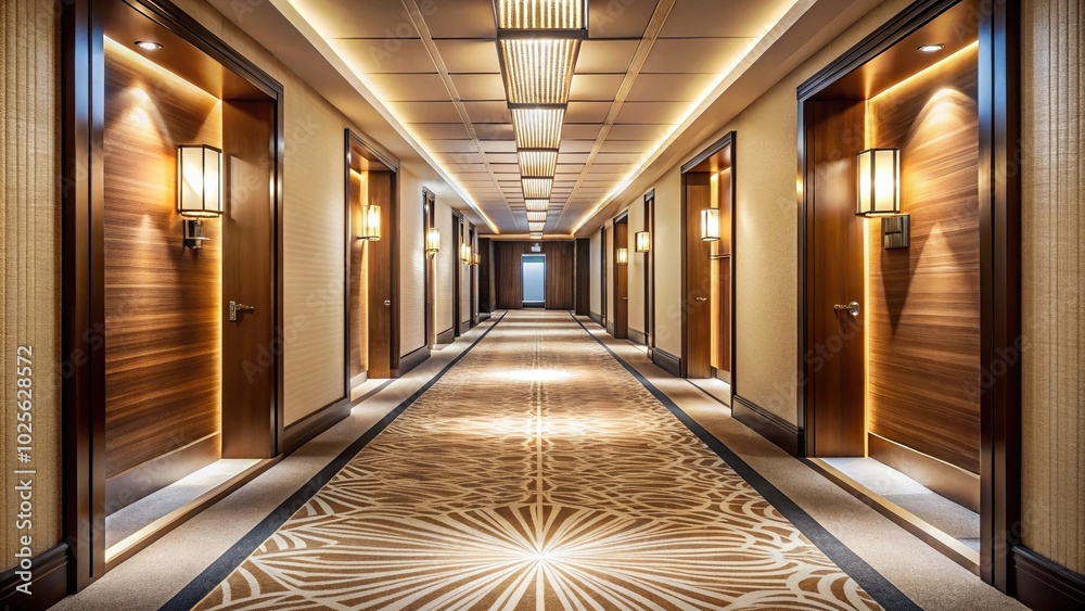Elegant hotel corridor combined with abstract geometric shapes at a tilted angle Elegant hotel corridor combined with abstract geometric shapes at a tilted angle