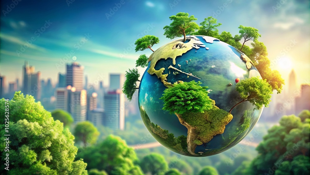 A verdant globe with vibrant trees adorning its surface, suspended in the sky above a bustling urban landscape, symbolizing the interconnectedness of nature and civilization. A verdant globe with vibrant trees adorning its surface, suspended in the sky above a bustling urban landscape, symbolizing the interconnectedness of nature and civilization.