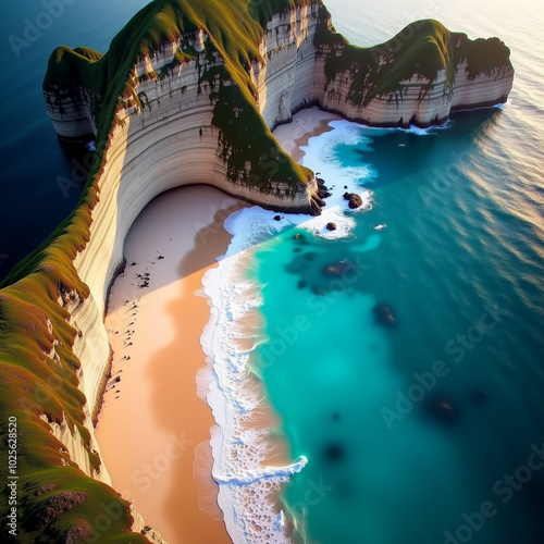 Sunset aerial of turquoise ocean waves lapping against white sands, framed by towering cliffs with Generative AI