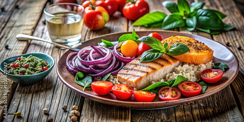 A Rustic Plate of Grilled Fish, Couscous, and Fresh Vegetables, Accompanied by a Glass of White Wine A Rustic Plate of Grilled Fish, Couscous, and Fresh Vegetables, Accompanied by a Glass of White Wine