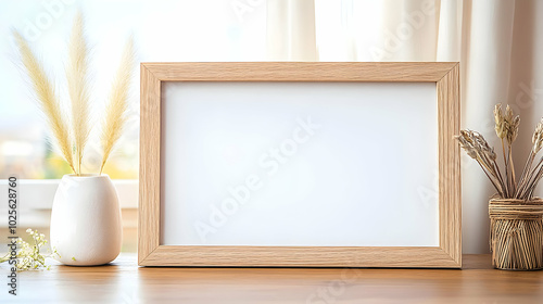 A Simple Wooden Frame with White Mat and Blank Canvas is Positioned on a Wooden Table, Flanked by a White Vase with Dried Flowers and a Wicker Vase with Dried Grass, Creating a Minimalist Aesthetic.