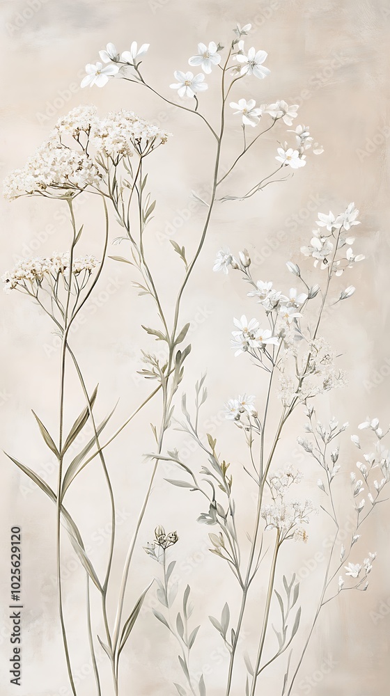 Fototapeta premium White Flowers and Greenery on a Beige Background