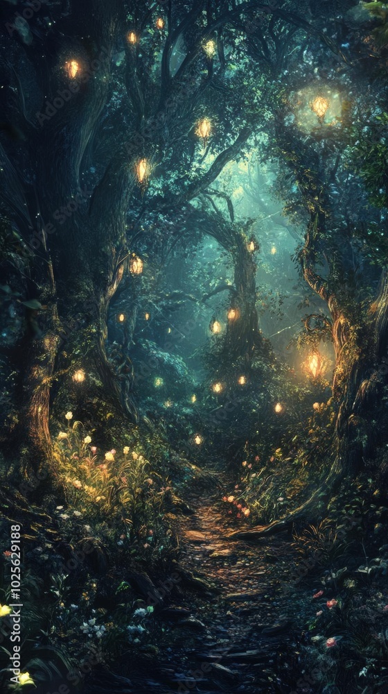 Obraz premium Enchanted Forest Path: A Journey Through Glowing Lights and Whispering Trees
