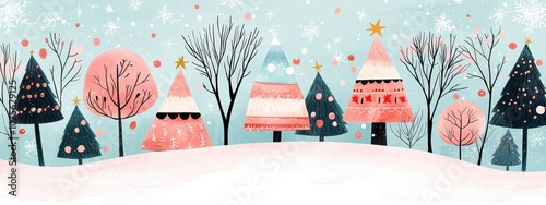 A Christmas parade clipart, holiday event element, hand-drawn illustration, festive floats, isolated on pistachio green background