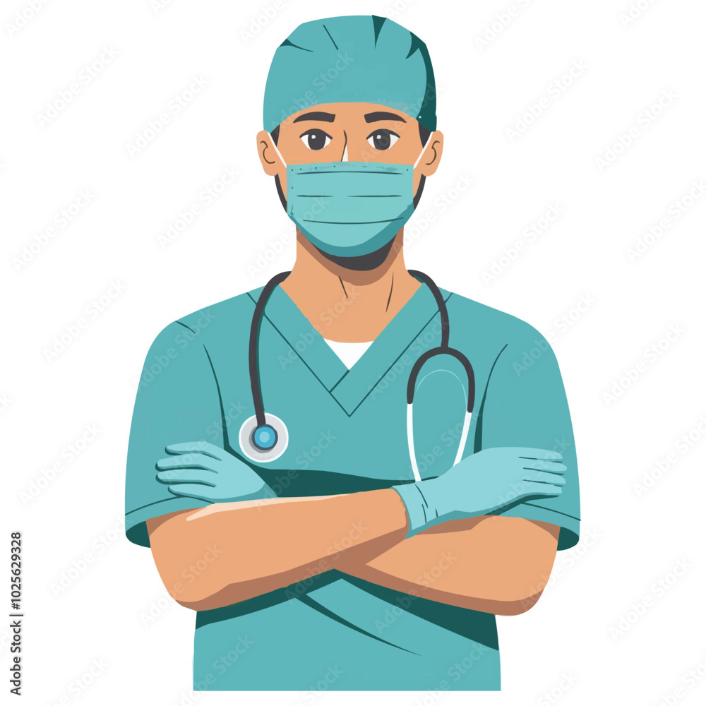 A confident vector doctor wearing a surgical mask stands with arms crossed