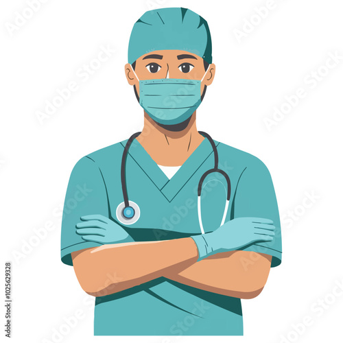 A confident vector doctor wearing a surgical mask stands with arms crossed