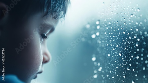 Child watching raindrops on a window, curiosity and calm.