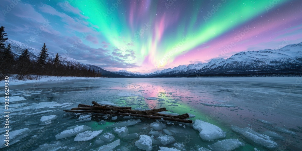 Breathtaking Aurora Borealis over Frozen Lake Breathtaking Aurora Borealis over Frozen Lake