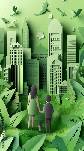 The concept of a green city and environment with a family. paper art and digital craft style.