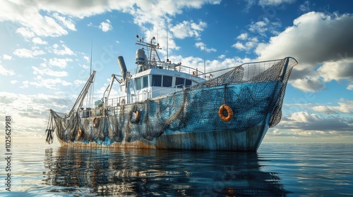 A sustainable fishing boat, using nets that minimize bycatch and protect marine life photo