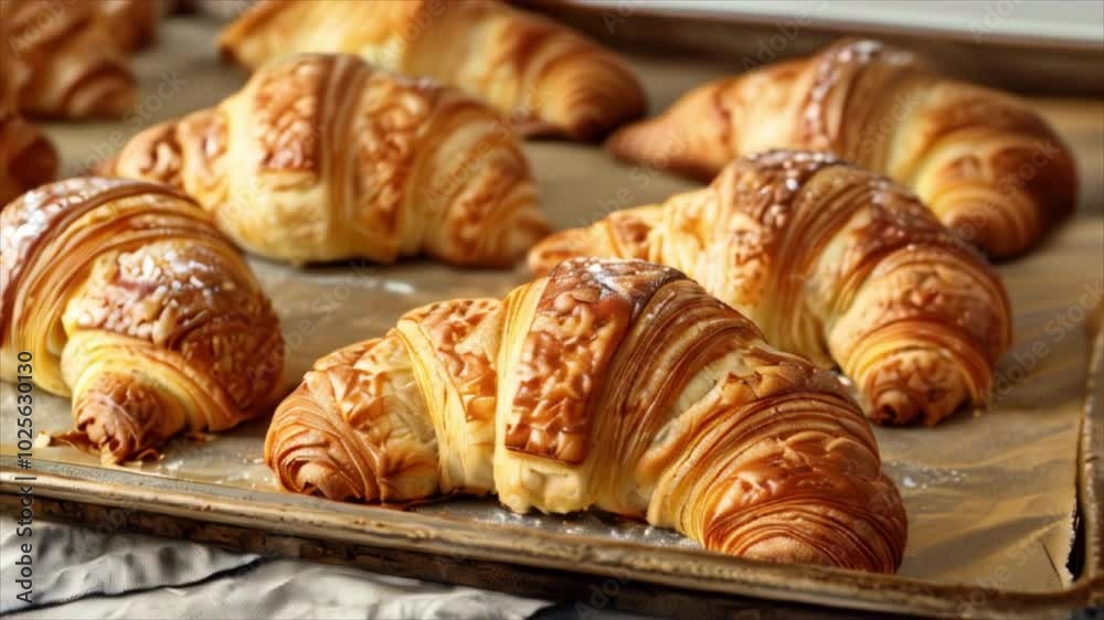 Freshly baked French croissants on a baking tray. Traditional homemade bakery Freshly baked French croissants on a baking tray. Traditional homemade bakery