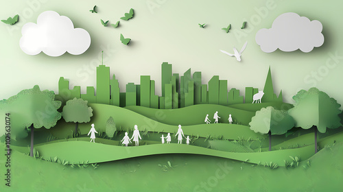 The concept of a green city and environment with a family. paper art and digital craft style.