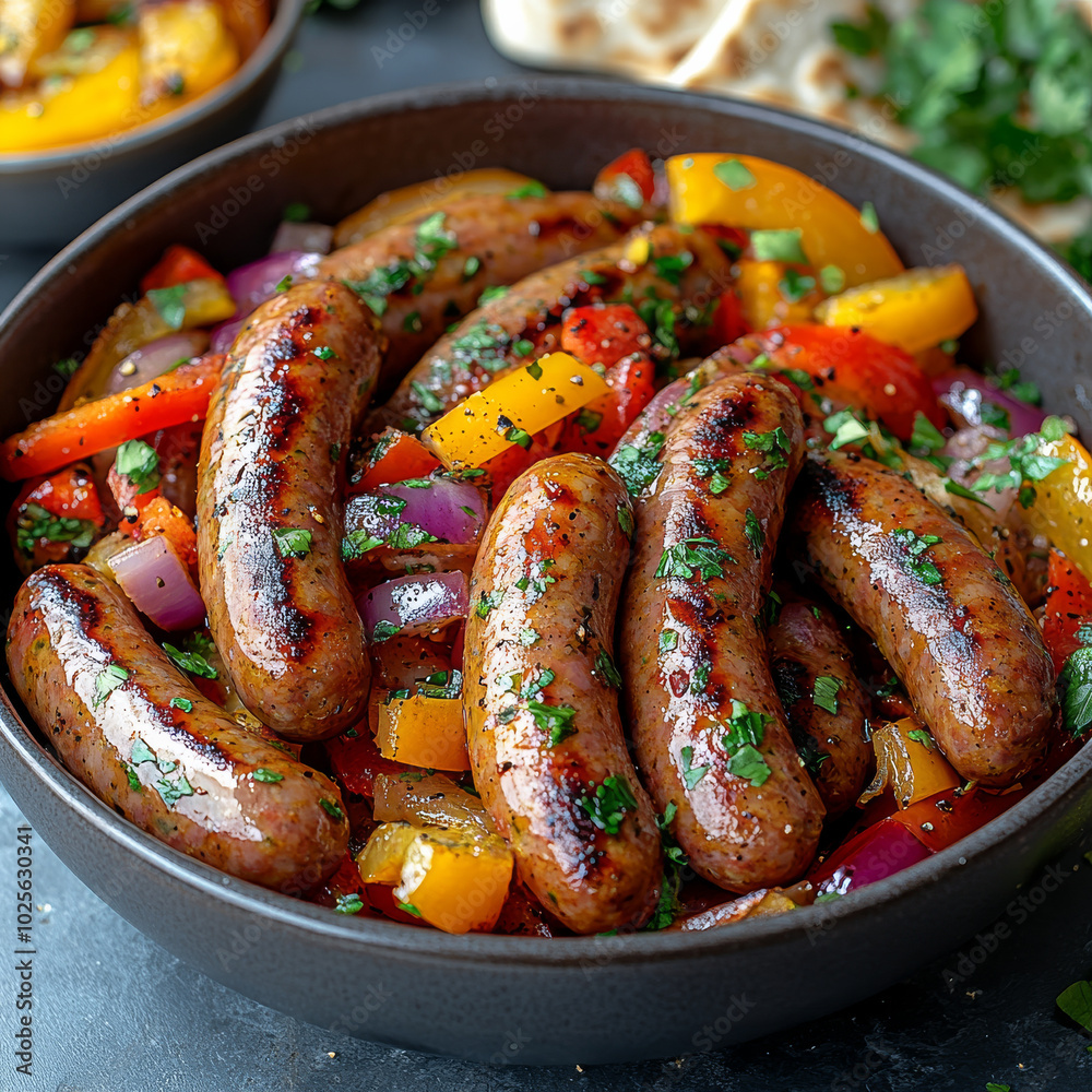 Delicious traditional sausage cooked with colorful bell peppers and onions, garnished with fresh herbs, creating vibrant and appetizing dish. Perfect for sharing and enjoying with loved ones Delicious traditional sausage cooked with colorful bell peppers and onions, garnished with fresh herbs, creating vibrant and appetizing dish. Perfect for sharing and enjoying with loved ones