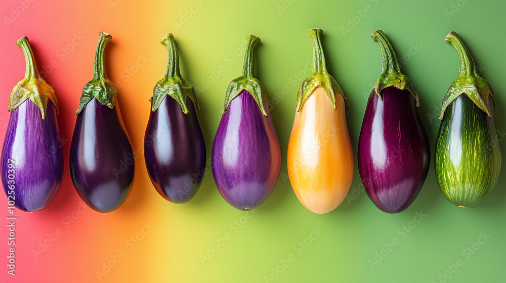 Multicolored eggplants arranged in a row on a gradient background ...