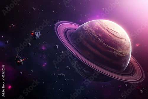 Ringed planet with moons and spaceships in deep space with a purple nebula. photo