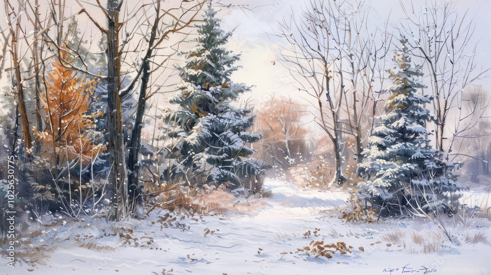 Snowy Forest Path with Pine Trees and Bare Branches Snowy Forest Path with Pine Trees and Bare Branches