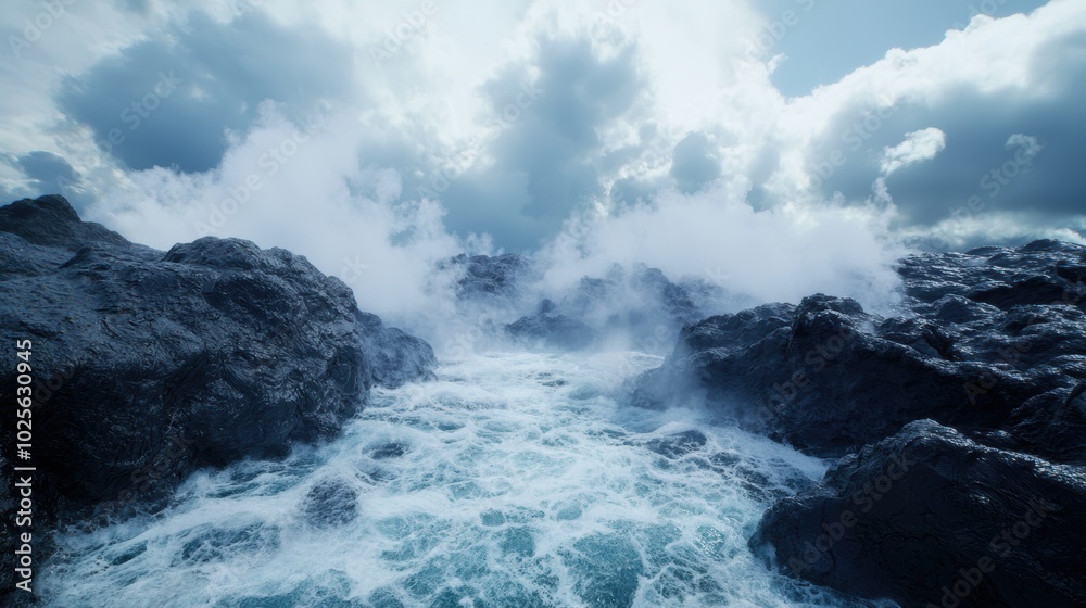 Dramatic stormy ocean landscape with crashing waves and rocky cliffs Dramatic stormy ocean landscape with crashing waves and rocky cliffs