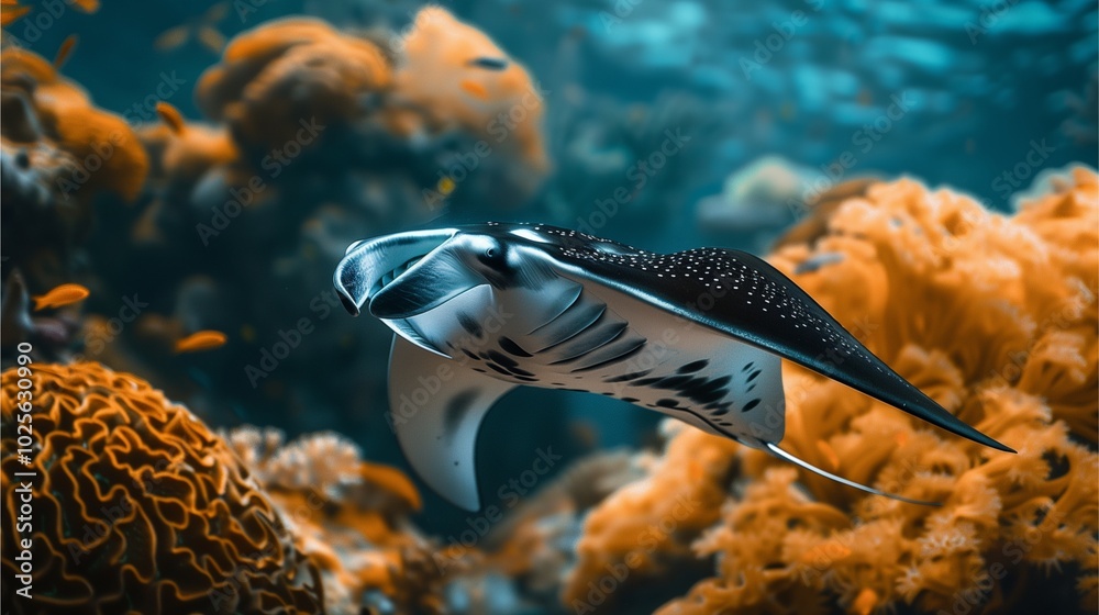 Fototapeta premium semi close-up of a manta ray gracefully swimming over coral formations, focus on the smooth contours of the manta ray, leaving room for copy space in the blurred ocean background 