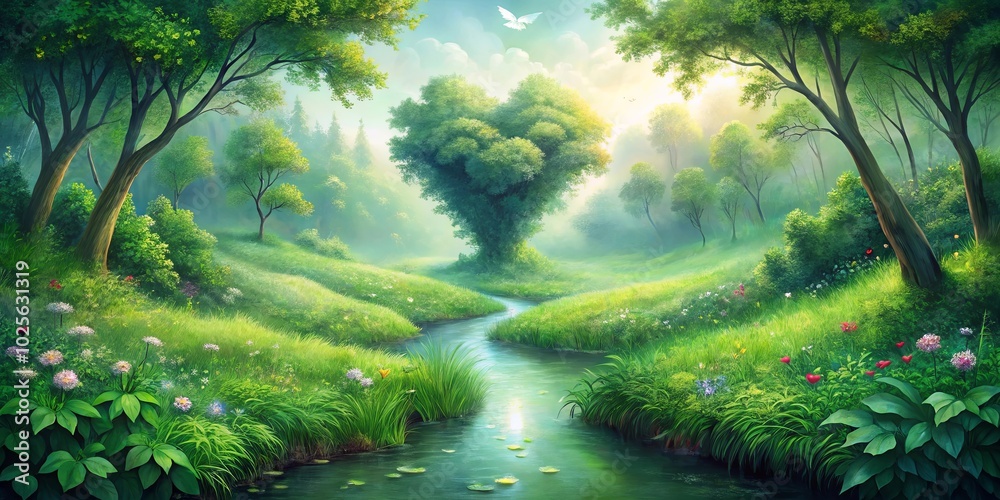 A Serene Meadow with a Heart-Shaped Tree, a Glimmering Stream, and a Glimpse of Hope in the Sky A Serene Meadow with a Heart-Shaped Tree, a Glimmering Stream, and a Glimpse of Hope in the Sky