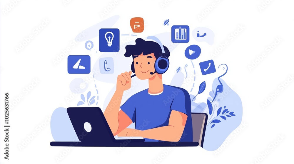 Technical support flat illustration. Man with icons. Technical support flat illustration. Man with icons.