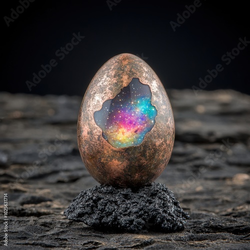 Cosmic egg on rocky surface photo