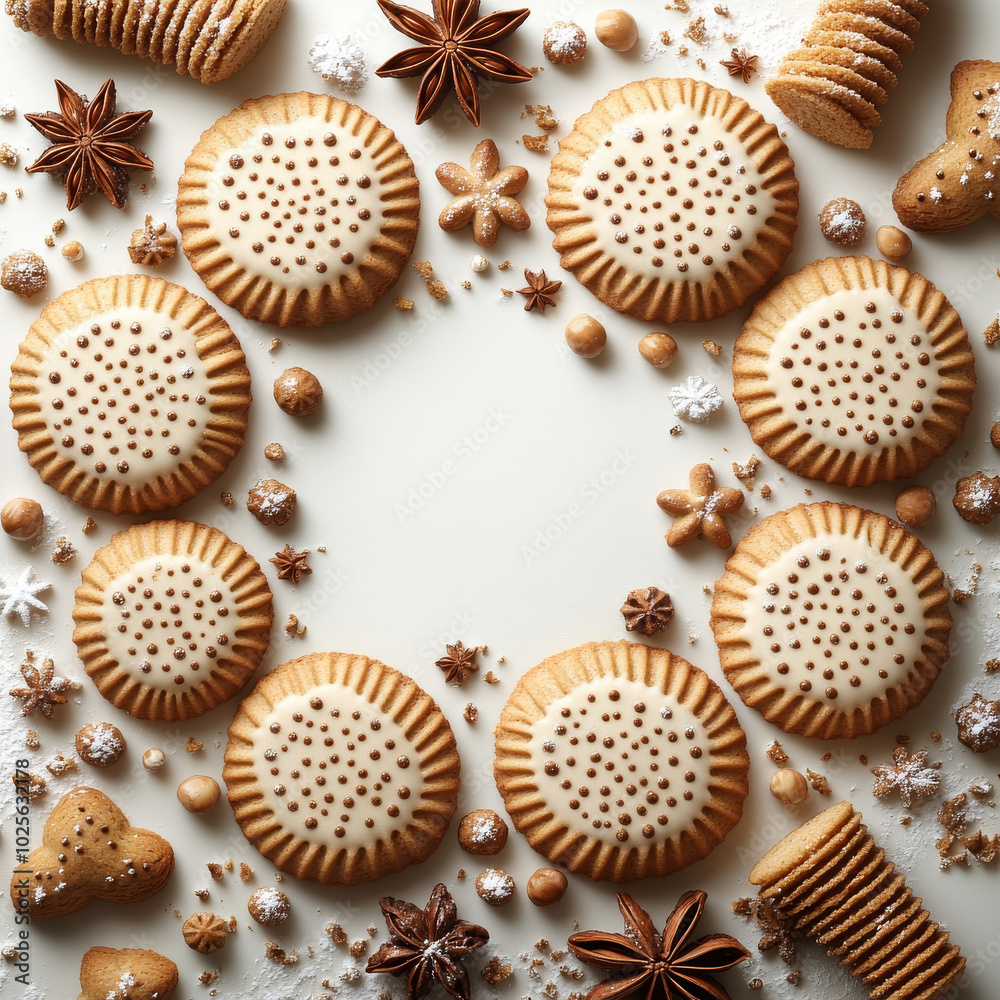 Delight in this festive arrangement of ginger cookies, star anise, and decorative spices, creating warm and inviting holiday atmosphere