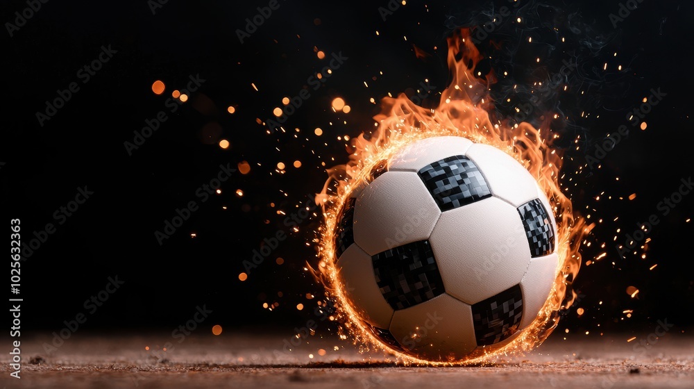 Fototapeta premium Flaming soccer ball on dark background