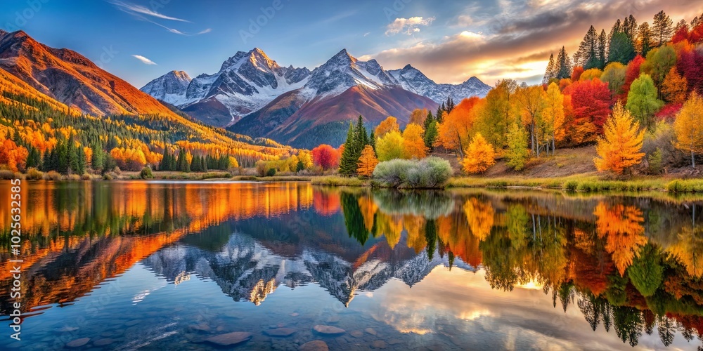 Naklejka premium Autumnal Reflections of a Snow-Capped Mountain Range on a Still Lake