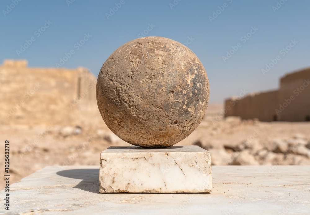 ancient stone sphere on marble pedestal ancient stone sphere on marble pedestal