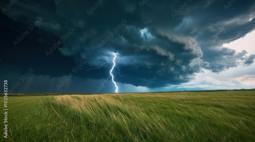 dramatic storm clouds with lightning over green field dramatic storm clouds with lightning over green field