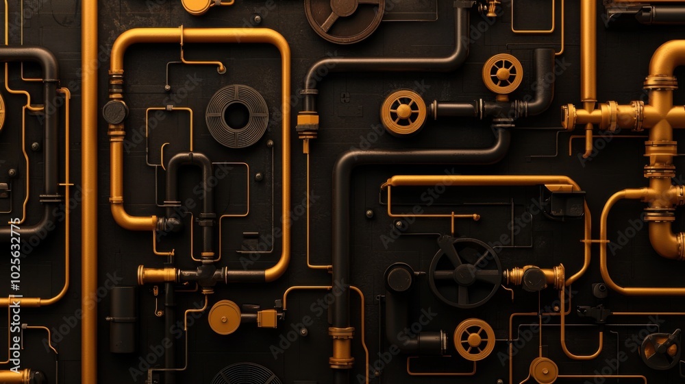Fototapeta premium Industrial backdrop featuring a combination of steel pipes, valves, and metal surfaces