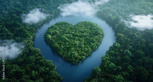 heart-shaped island in lush tropical rainforest