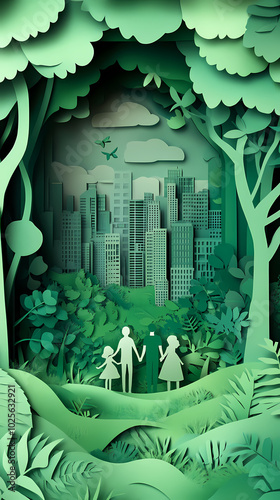 The concept of a green city and environment with a family. paper art and digital craft style.