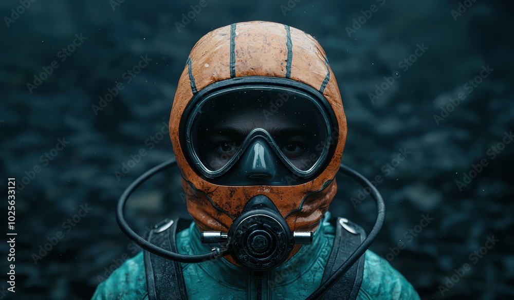 Hazmat suit and diving mask in dark environment Hazmat suit and diving mask in dark environment