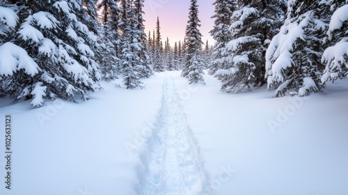 Snowy forest path in winter wonderland