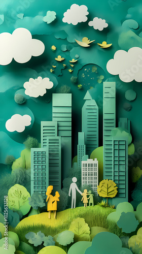 The concept of a green city and environment with a family. paper art and digital craft style.