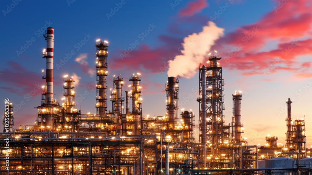 Oil refinery at dusk with illuminated towers and steam rising into the sky Oil refinery at dusk with illuminated towers and steam rising into the sky