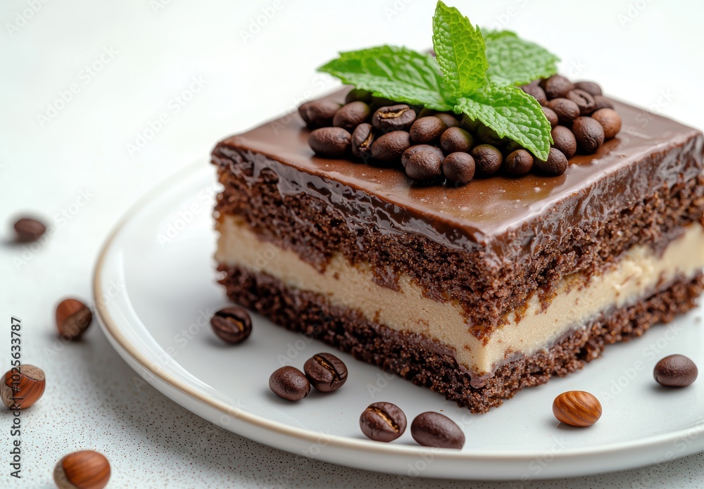 Delicious chocolate cake with coffee beans and mint leaves Delicious chocolate cake with coffee beans and mint leaves