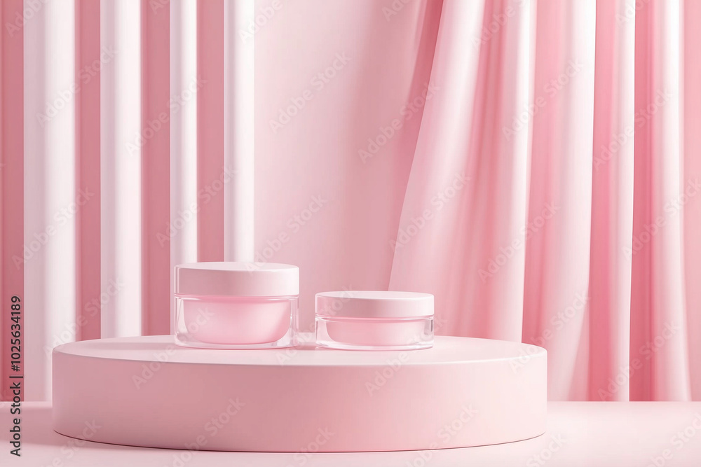 Pink cosmetic jars on round podium with soft pink draped background. Pink cosmetic jars on round podium with soft pink draped background.
