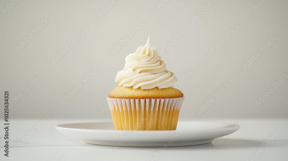 Minimalist Vanilla Cupcake on White Plate Minimalist Vanilla Cupcake on White Plate