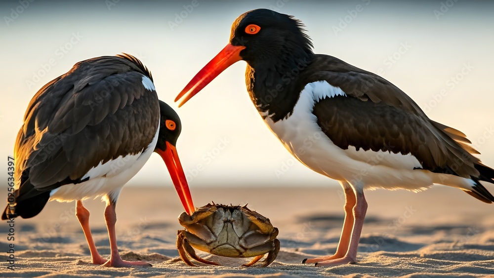 Two American oyster catchers eating crab on the beach Two American oyster catchers eating crab on the beach