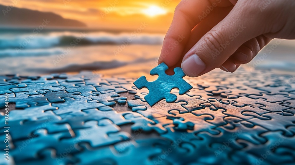 A hand places the final piece of a blue jigsaw puzzle on a beach at sunset, symbolizing completion, success, and the beauty of achieving goals. A hand places the final piece of a blue jigsaw puzzle on a beach at sunset, symbolizing completion, success, and the beauty of achieving goals.