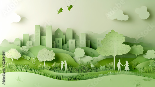 The concept of a green city and environment with a family. paper art and digital craft style. photo