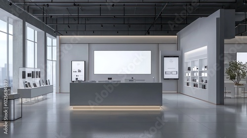 Blank trade show booth in 3D, featuring sleek displays for showcasing tech.