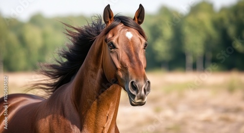 close-up portrait of a beautiful brown horse with a flowing mane