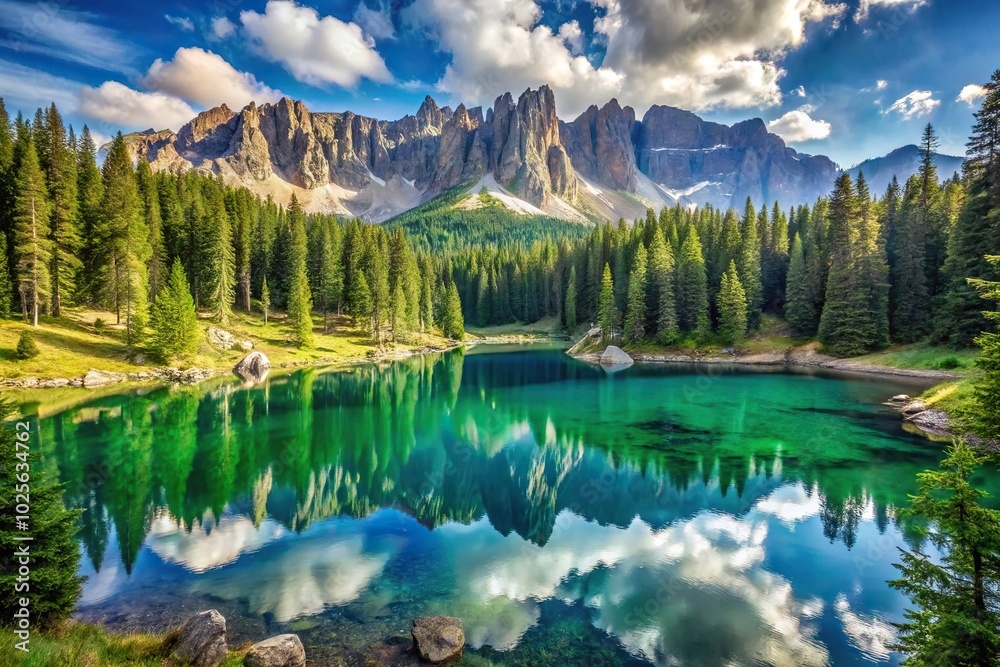 Emerald waters of Lago di Carezza with Latemar mountain views and enchanting spruce forests