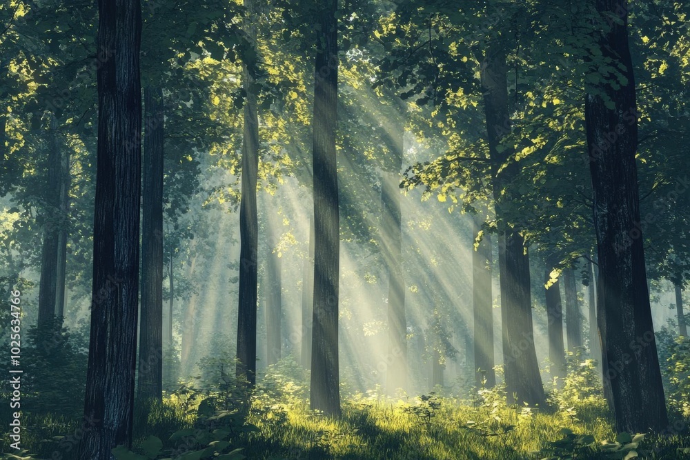 Fototapeta premium Sunbeams Through the Trees: A Mystical Forest Scene
