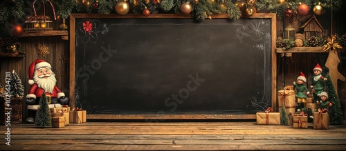 Chalkboard in a holiday market setting, featuring Santa Claus and elves, mockup.
