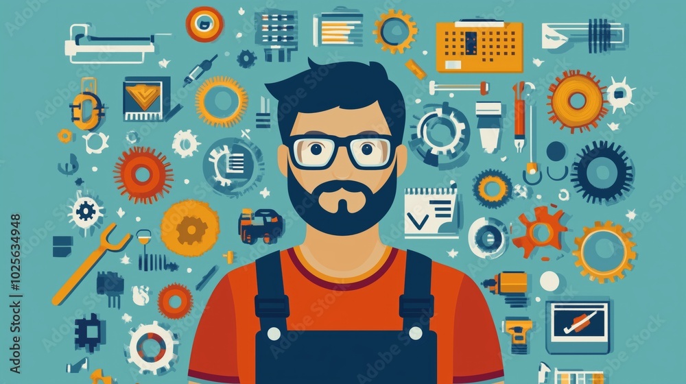 Technical support flat illustration. Man with icons. Technical support flat illustration. Man with icons.